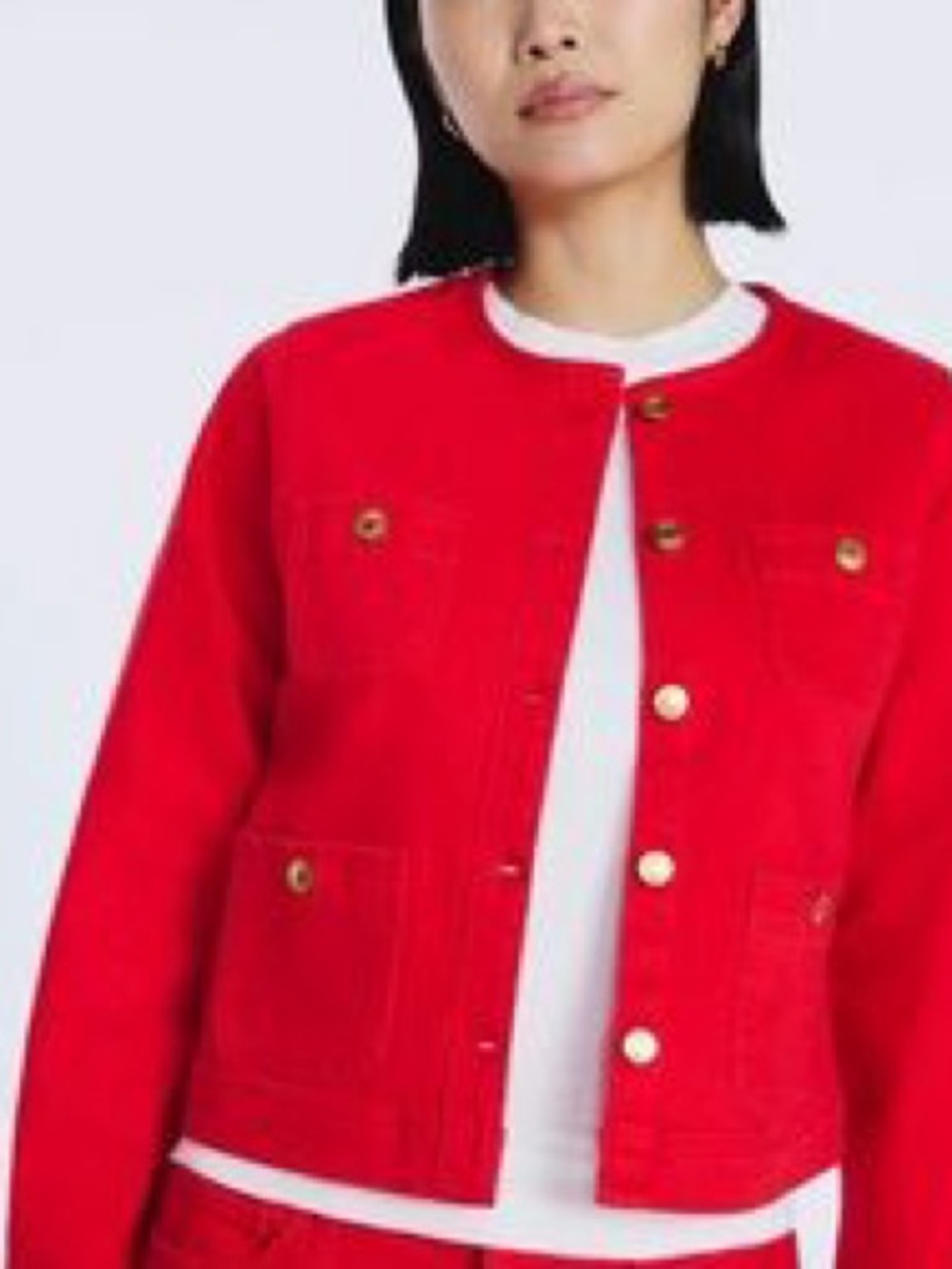 Bright Red Women's Collarless Jean Jacket with Gold Buttons